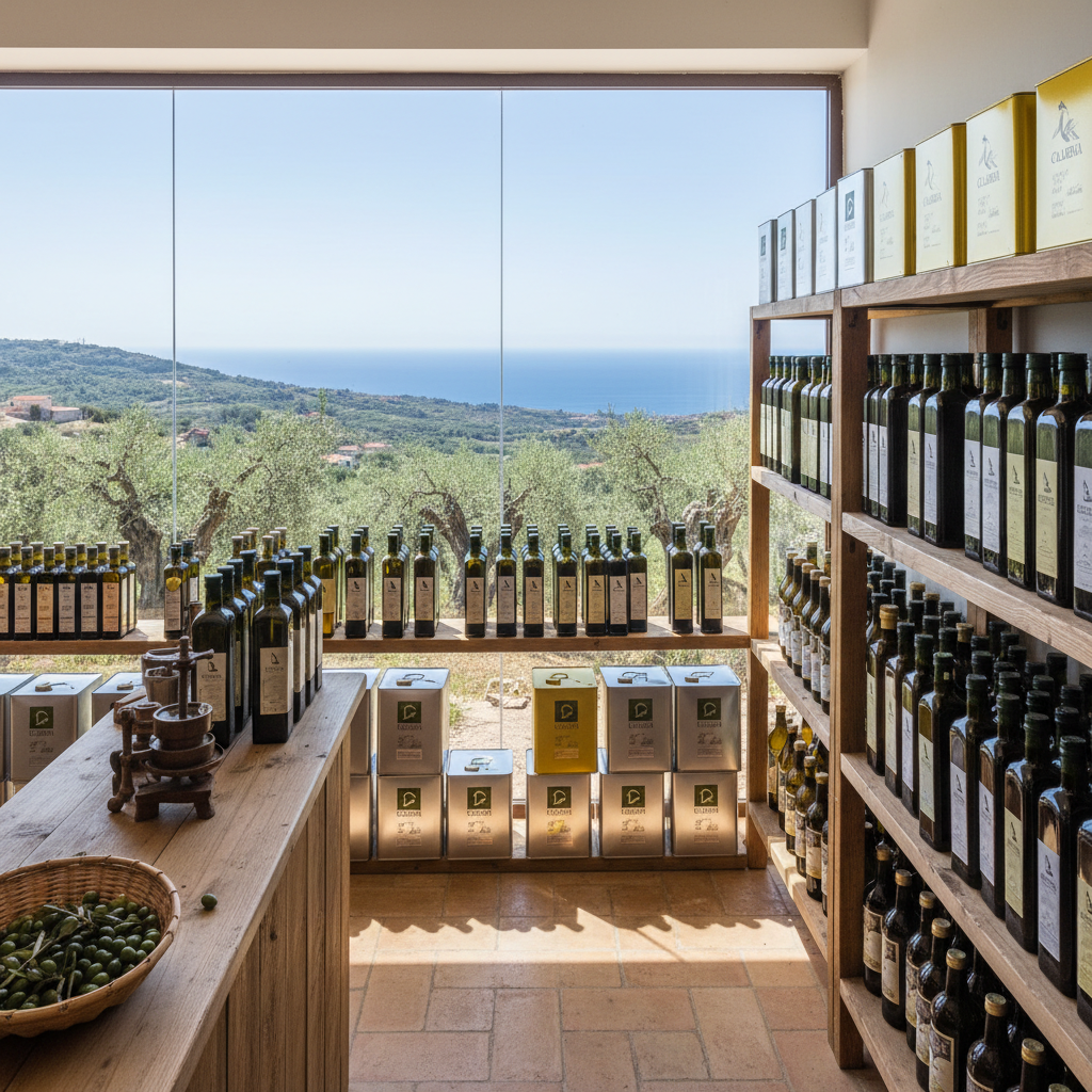 crea un immagine di un negozio di olio di oliva senza persone con sugli scaffali sia bottiglie che latte quadrate. ambientato in calabria con vista dalla finestra di ulivi secolari e il mare in vicinanza e con tanta luce nel negozio usando la precedente immagine quella generata prima di queste due ultime