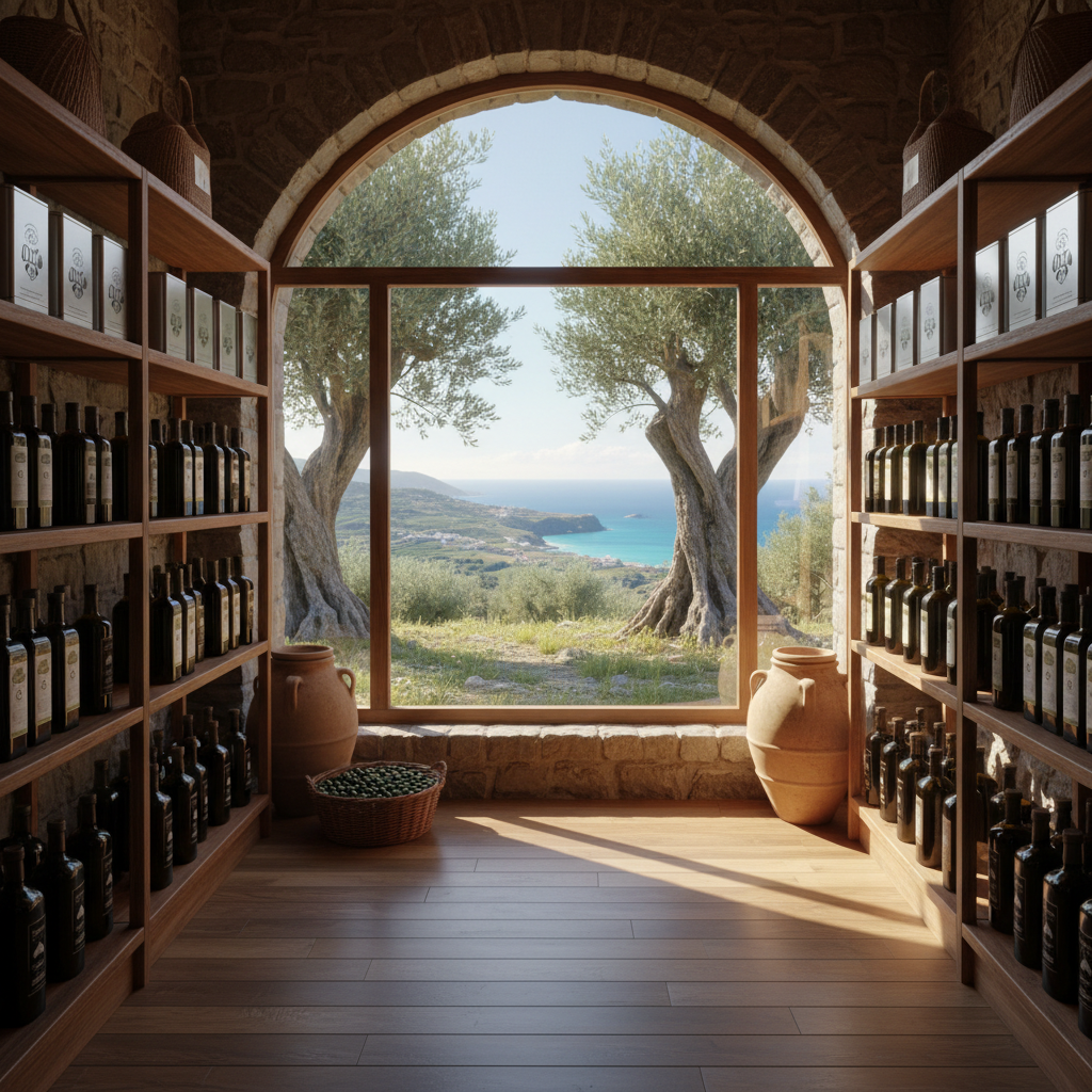 crea un immagine di un negozio di olio di oliva senza persone con sugli scaffali sia bottiglie che latte quadrate. ambientato in calabria con vista dalla finestra di ulivi secolari e il mare in vicinanza